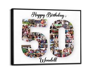 50th birthday number photo collage on framed canvas hanging on wall