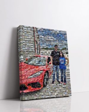 Photo mosaic on canvas showing a man and woman standing beside a red sports car,