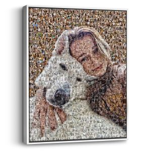 custom dog photo mosaic of woman hugging her dog
