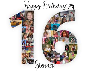 Collage of memories featuring various moments celebrating Sienna's 16th birthday, with the numbers "1" and "6" decorated in photos and a ballerina silhouette at top